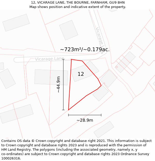 12, VICARAGE LANE, THE BOURNE, FARNHAM, GU9 8HN: Plot and title map