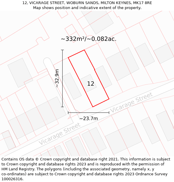 12, VICARAGE STREET, WOBURN SANDS, MILTON KEYNES, MK17 8RE: Plot and title map