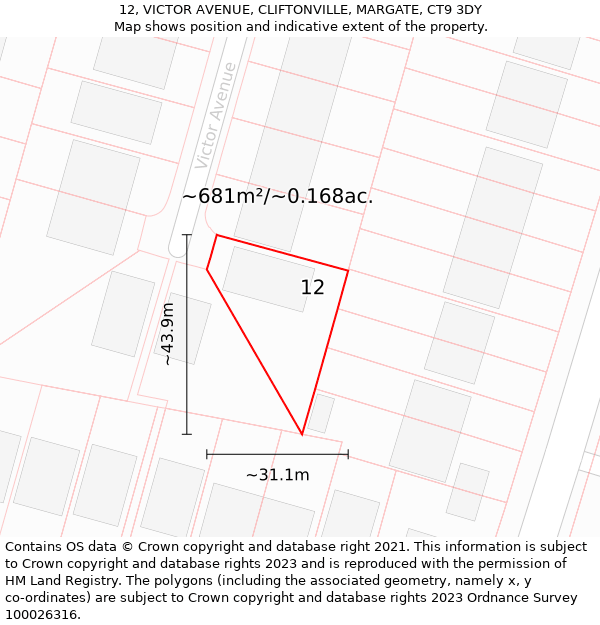 12, VICTOR AVENUE, CLIFTONVILLE, MARGATE, CT9 3DY: Plot and title map