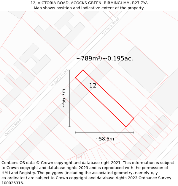 12, VICTORIA ROAD, ACOCKS GREEN, BIRMINGHAM, B27 7YA: Plot and title map