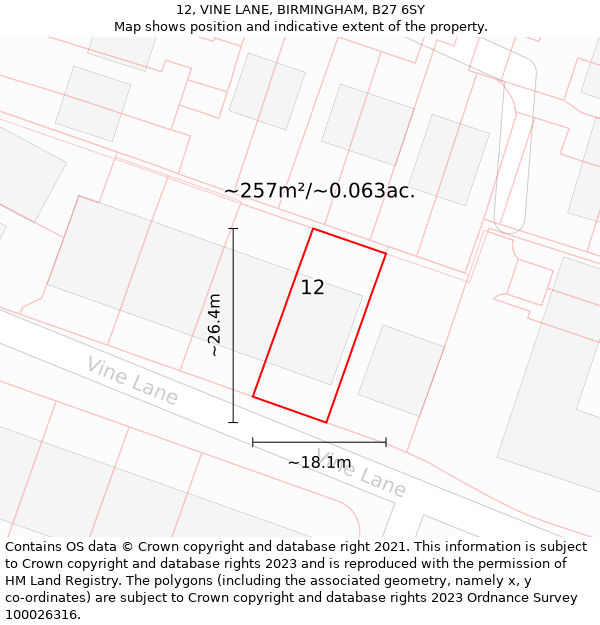 12, VINE LANE, BIRMINGHAM, B27 6SY: Plot and title map