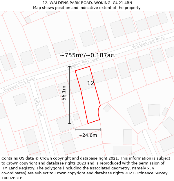 12, WALDENS PARK ROAD, WOKING, GU21 4RN: Plot and title map