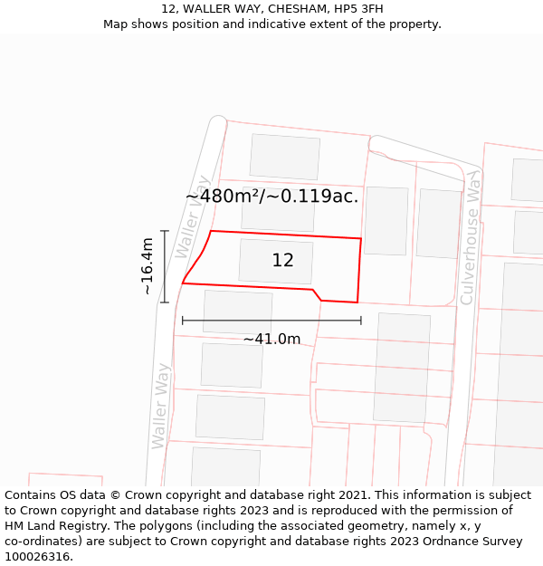 12, WALLER WAY, CHESHAM, HP5 3FH: Plot and title map