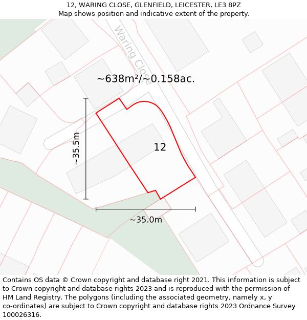 12, WARING CLOSE, GLENFIELD, LEICESTER, LE3 8PZ: Plot and title map