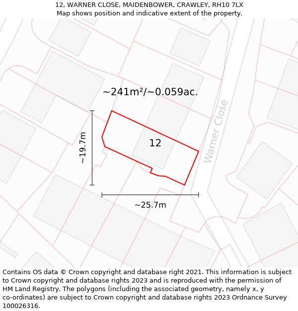 12, WARNER CLOSE, MAIDENBOWER, CRAWLEY, RH10 7LX: Plot and title map
