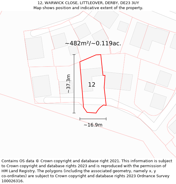 12, WARWICK CLOSE, LITTLEOVER, DERBY, DE23 3UY: Plot and title map