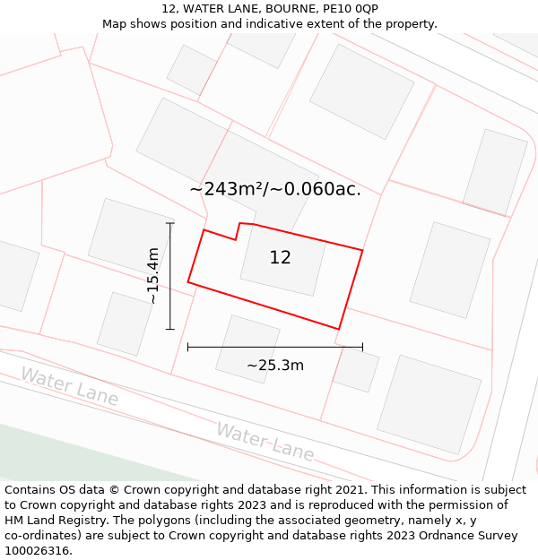 12, WATER LANE, BOURNE, PE10 0QP: Plot and title map