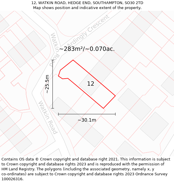 12, WATKIN ROAD, HEDGE END, SOUTHAMPTON, SO30 2TD: Plot and title map