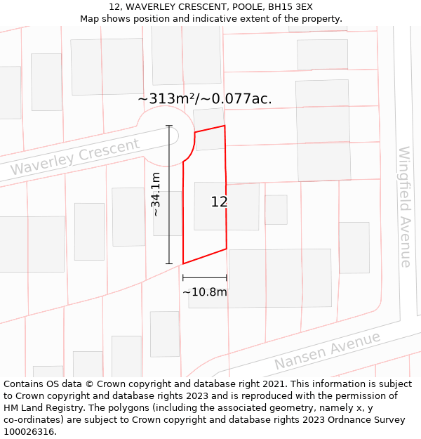 12, WAVERLEY CRESCENT, POOLE, BH15 3EX: Plot and title map