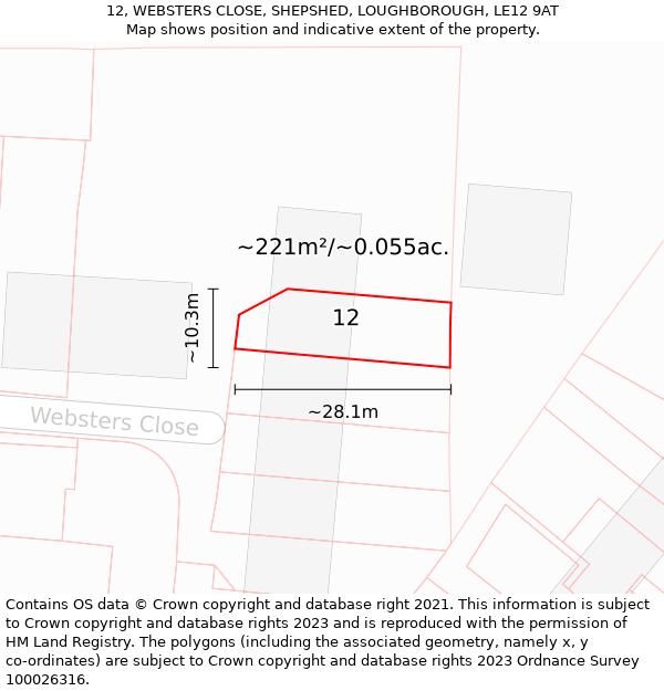 12, WEBSTERS CLOSE, SHEPSHED, LOUGHBOROUGH, LE12 9AT: Plot and title map