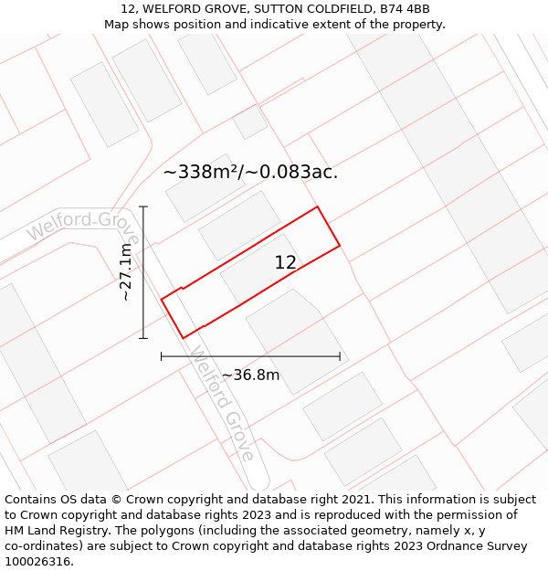 12, WELFORD GROVE, SUTTON COLDFIELD, B74 4BB: Plot and title map