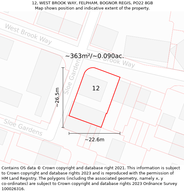 12, WEST BROOK WAY, FELPHAM, BOGNOR REGIS, PO22 8GB: Plot and title map