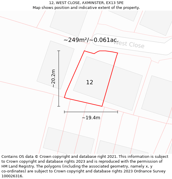 12, WEST CLOSE, AXMINSTER, EX13 5PE: Plot and title map