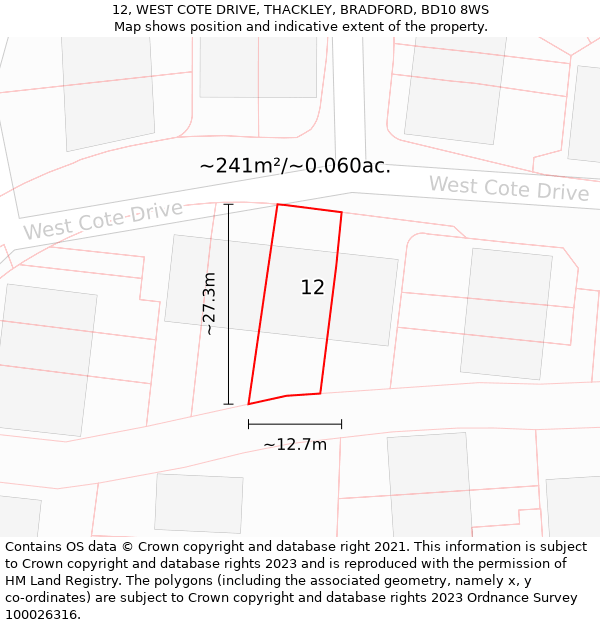 12, WEST COTE DRIVE, THACKLEY, BRADFORD, BD10 8WS: Plot and title map