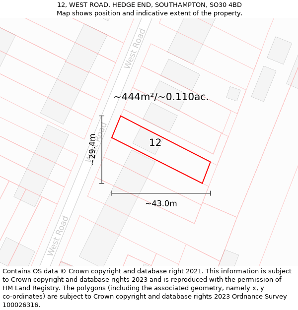 12, WEST ROAD, HEDGE END, SOUTHAMPTON, SO30 4BD: Plot and title map