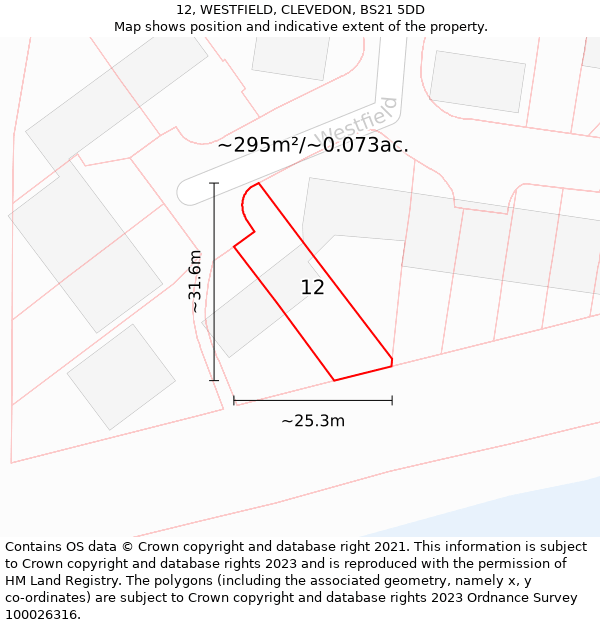 12, WESTFIELD, CLEVEDON, BS21 5DD: Plot and title map