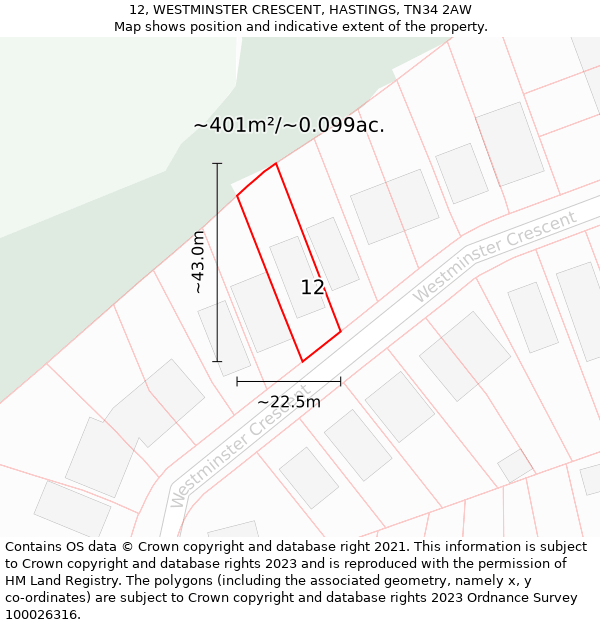 12, WESTMINSTER CRESCENT, HASTINGS, TN34 2AW: Plot and title map