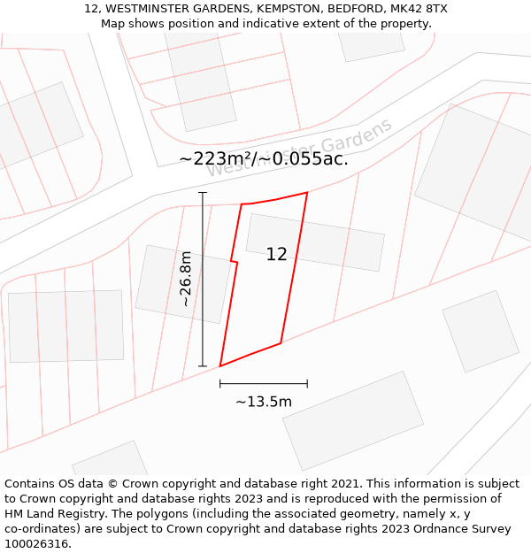 12, WESTMINSTER GARDENS, KEMPSTON, BEDFORD, MK42 8TX: Plot and title map