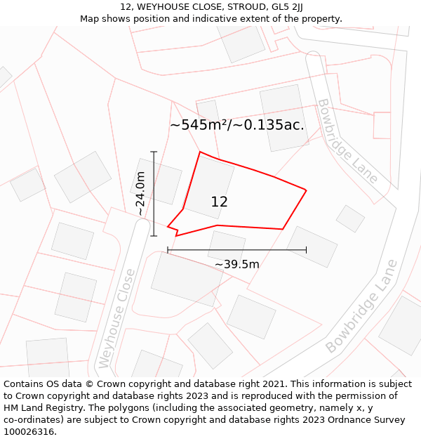 12, WEYHOUSE CLOSE, STROUD, GL5 2JJ: Plot and title map