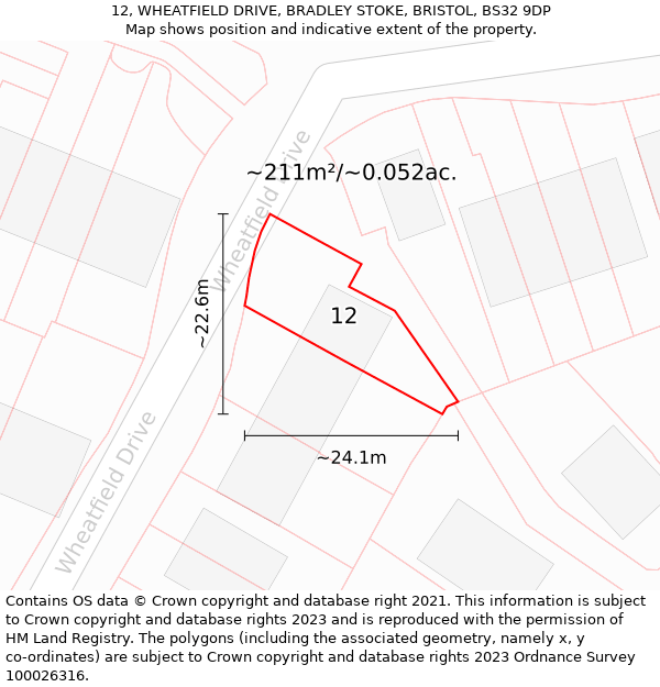 12, WHEATFIELD DRIVE, BRADLEY STOKE, BRISTOL, BS32 9DP: Plot and title map