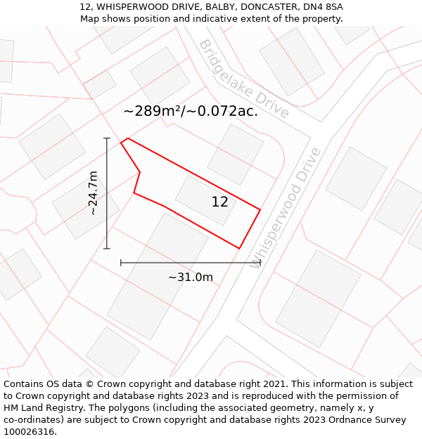 12, WHISPERWOOD DRIVE, BALBY, DONCASTER, DN4 8SA: Plot and title map