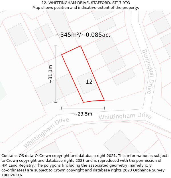 12, WHITTINGHAM DRIVE, STAFFORD, ST17 9TG: Plot and title map