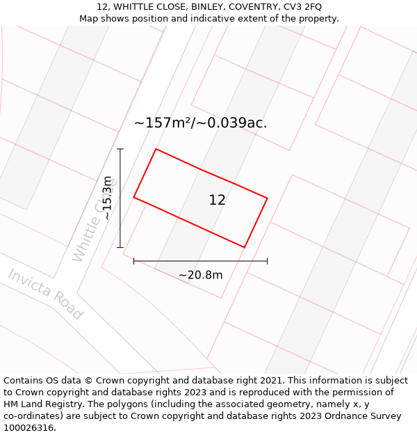 12, WHITTLE CLOSE, BINLEY, COVENTRY, CV3 2FQ: Plot and title map