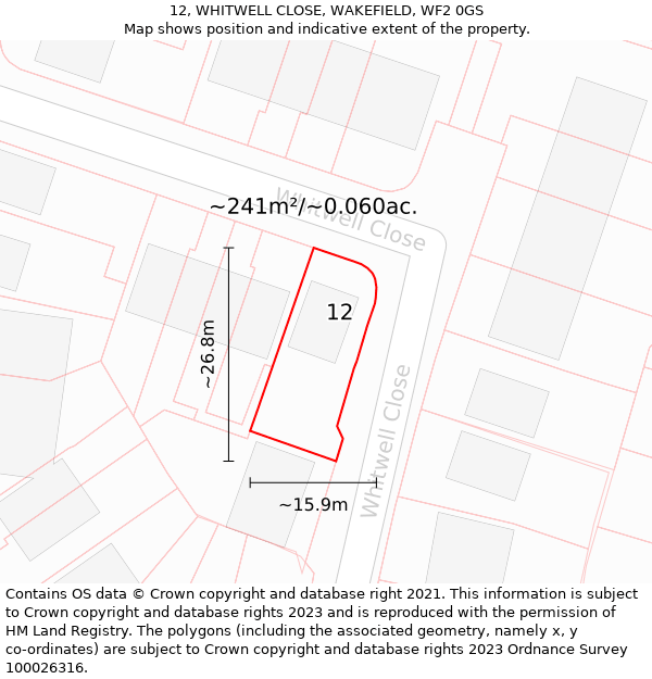 12, WHITWELL CLOSE, WAKEFIELD, WF2 0GS: Plot and title map