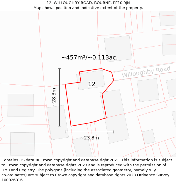 12, WILLOUGHBY ROAD, BOURNE, PE10 9JN: Plot and title map