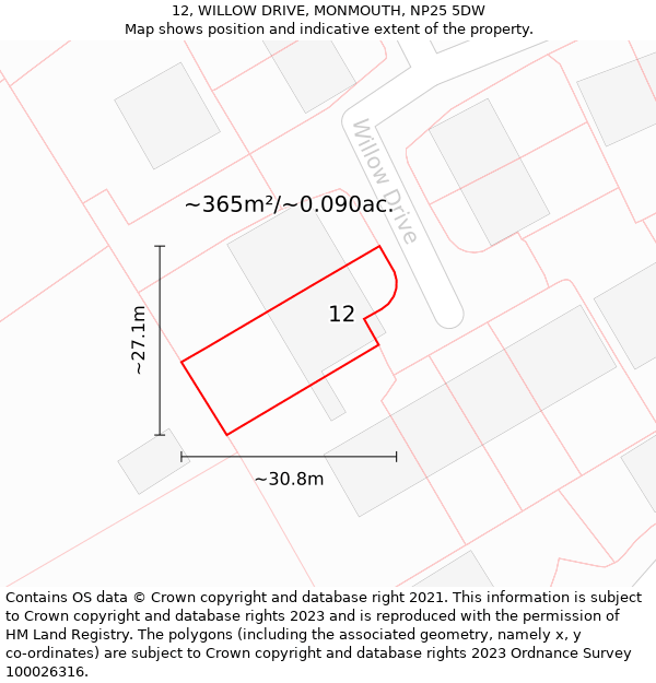 12, WILLOW DRIVE, MONMOUTH, NP25 5DW: Plot and title map