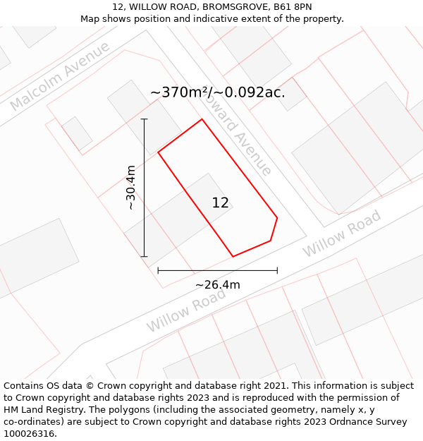 12, WILLOW ROAD, BROMSGROVE, B61 8PN: Plot and title map