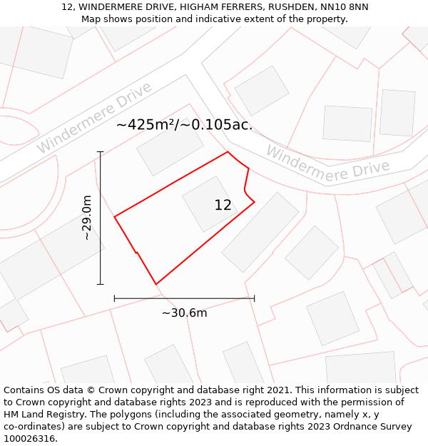 12, WINDERMERE DRIVE, HIGHAM FERRERS, RUSHDEN, NN10 8NN: Plot and title map