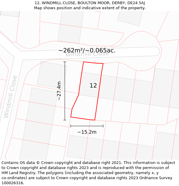 12, WINDMILL CLOSE, BOULTON MOOR, DERBY, DE24 5AJ: Plot and title map