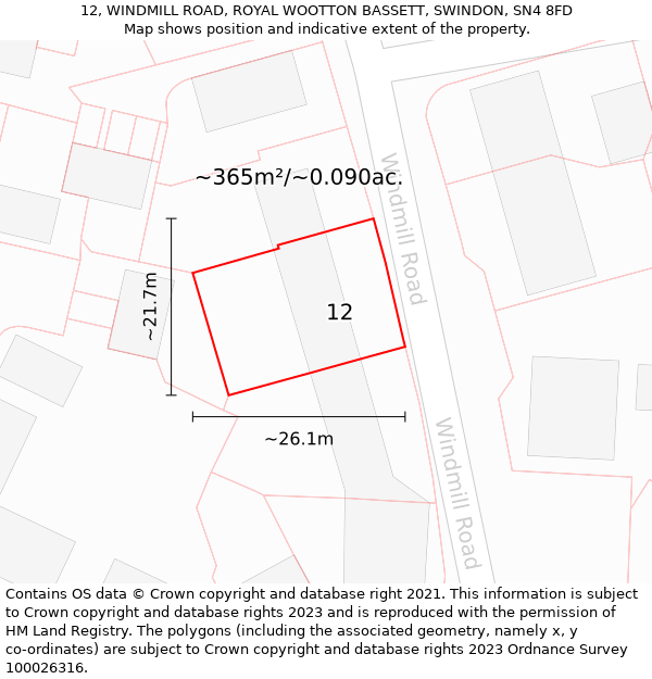 12, WINDMILL ROAD, ROYAL WOOTTON BASSETT, SWINDON, SN4 8FD: Plot and title map