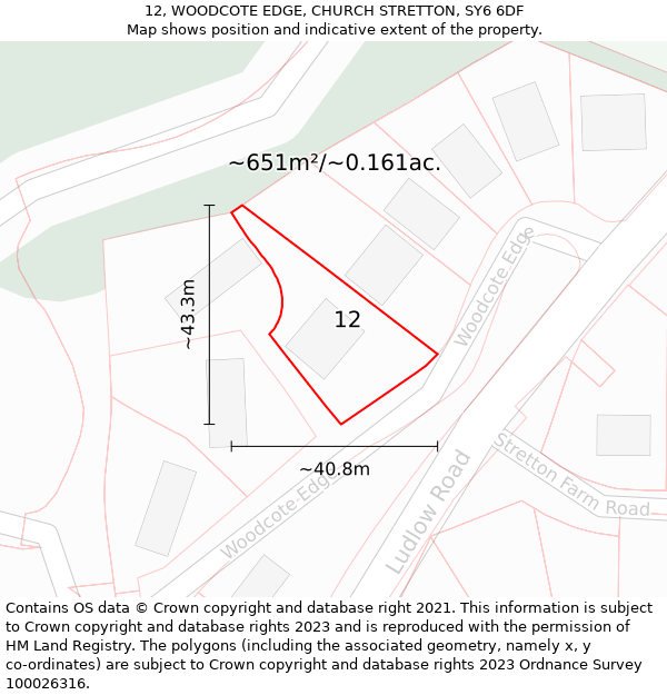 12, WOODCOTE EDGE, CHURCH STRETTON, SY6 6DF: Plot and title map