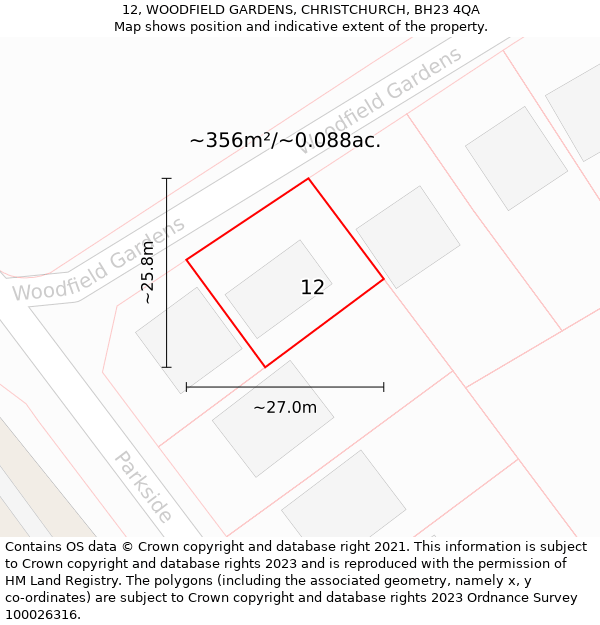 12, WOODFIELD GARDENS, CHRISTCHURCH, BH23 4QA: Plot and title map