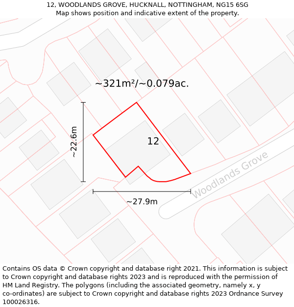 12, WOODLANDS GROVE, HUCKNALL, NOTTINGHAM, NG15 6SG: Plot and title map