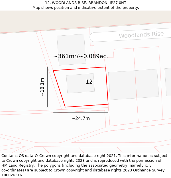 12, WOODLANDS RISE, BRANDON, IP27 0NT: Plot and title map
