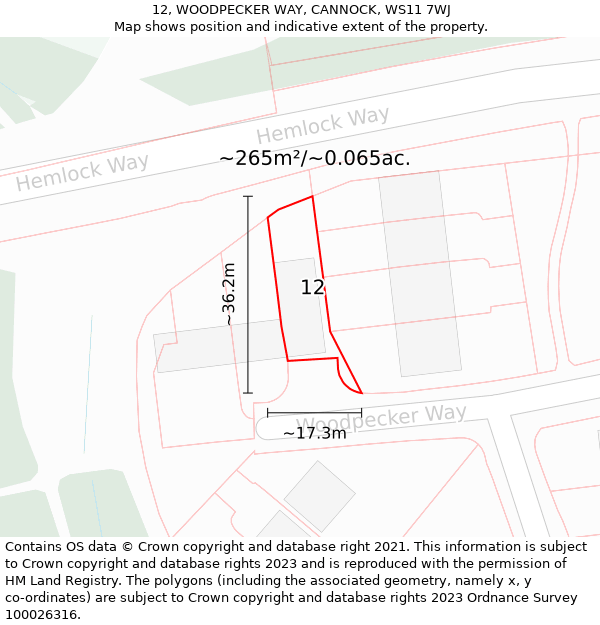 12, WOODPECKER WAY, CANNOCK, WS11 7WJ: Plot and title map