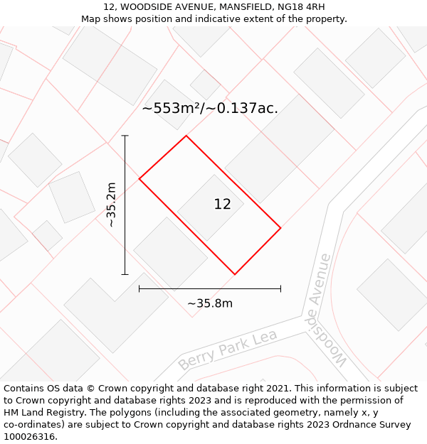 12, WOODSIDE AVENUE, MANSFIELD, NG18 4RH: Plot and title map