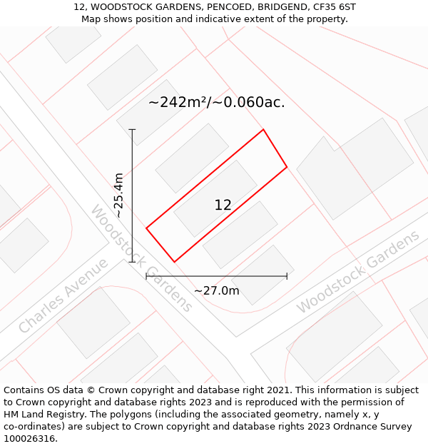 12, WOODSTOCK GARDENS, PENCOED, BRIDGEND, CF35 6ST: Plot and title map