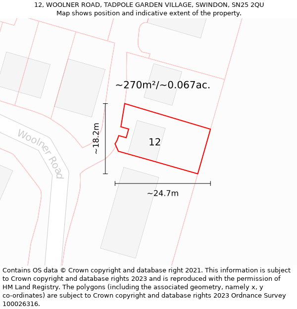 12, WOOLNER ROAD, TADPOLE GARDEN VILLAGE, SWINDON, SN25 2QU: Plot and title map