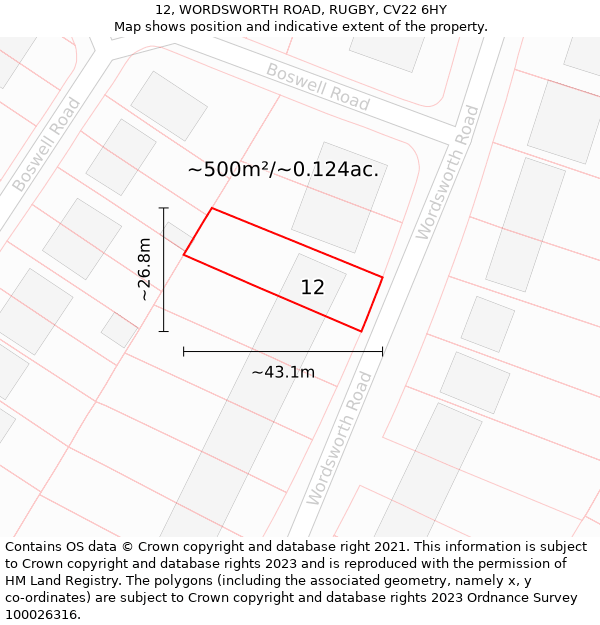 12, WORDSWORTH ROAD, RUGBY, CV22 6HY: Plot and title map