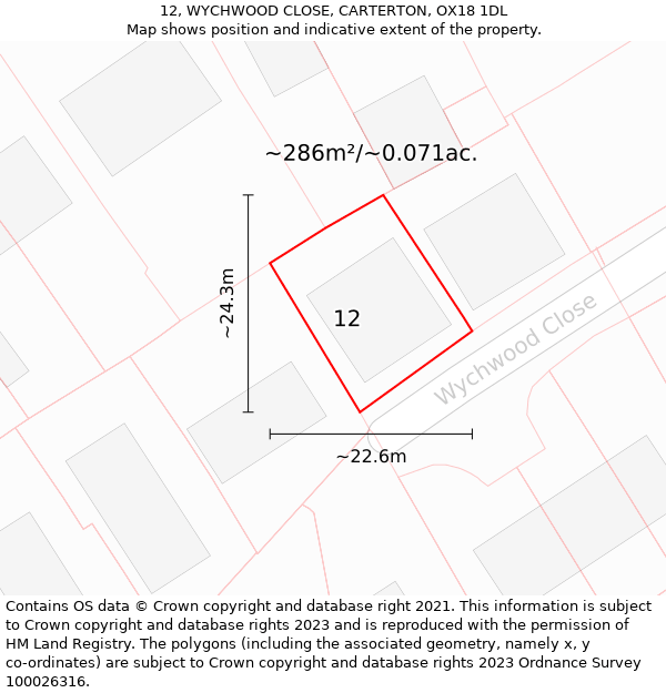 12, WYCHWOOD CLOSE, CARTERTON, OX18 1DL: Plot and title map