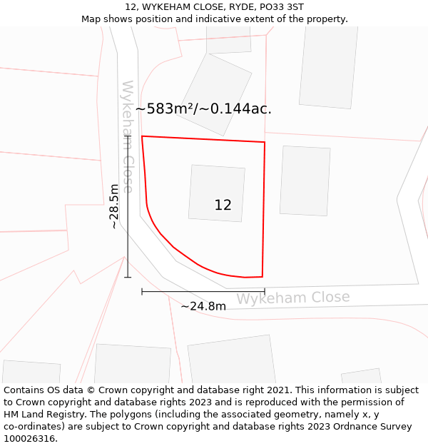 12, WYKEHAM CLOSE, RYDE, PO33 3ST: Plot and title map