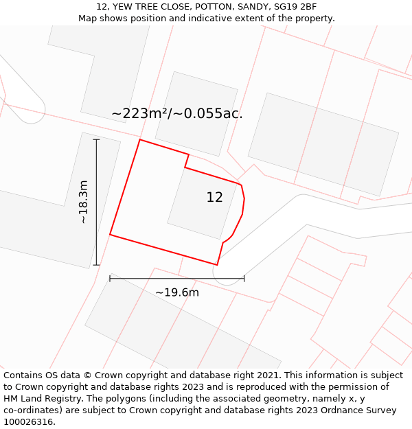 12, YEW TREE CLOSE, POTTON, SANDY, SG19 2BF: Plot and title map
