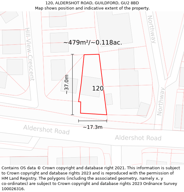 120, ALDERSHOT ROAD, GUILDFORD, GU2 8BD: Plot and title map