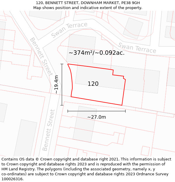 120, BENNETT STREET, DOWNHAM MARKET, PE38 9GH: Plot and title map