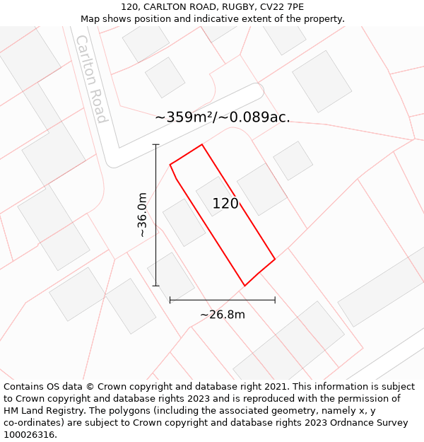 120, CARLTON ROAD, RUGBY, CV22 7PE: Plot and title map