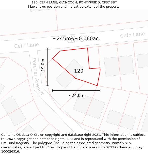 120, CEFN LANE, GLYNCOCH, PONTYPRIDD, CF37 3BT: Plot and title map